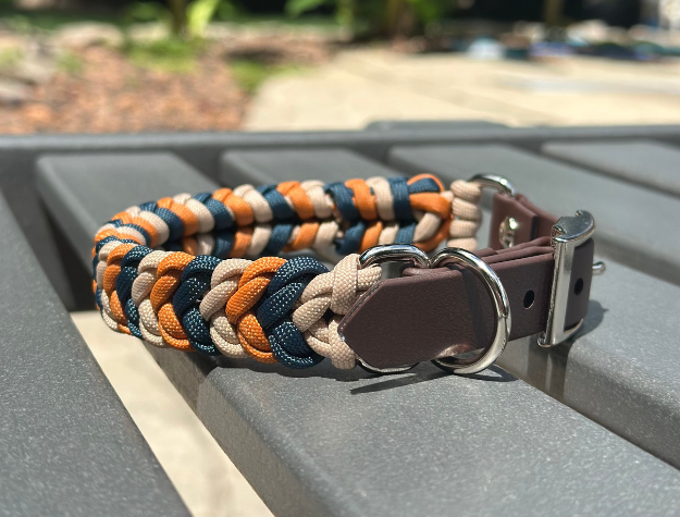 Coiled Charm Hand Braided Dog Collar in Mustard, Navy, & Light Tan