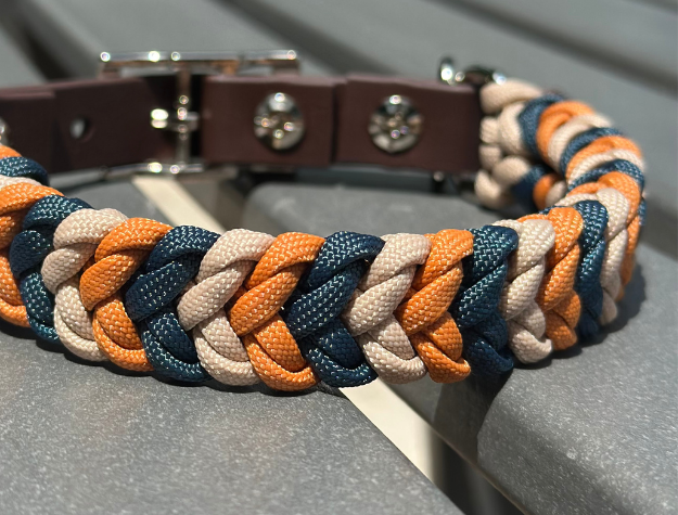 Coiled Charm Hand Braided Dog Collar in Mustard, Navy, & Light Tan