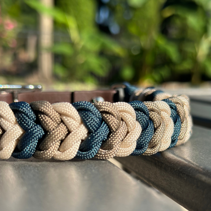 Coiled Charm Hand Braided Dog Collar in Navy, Tan, & Cream