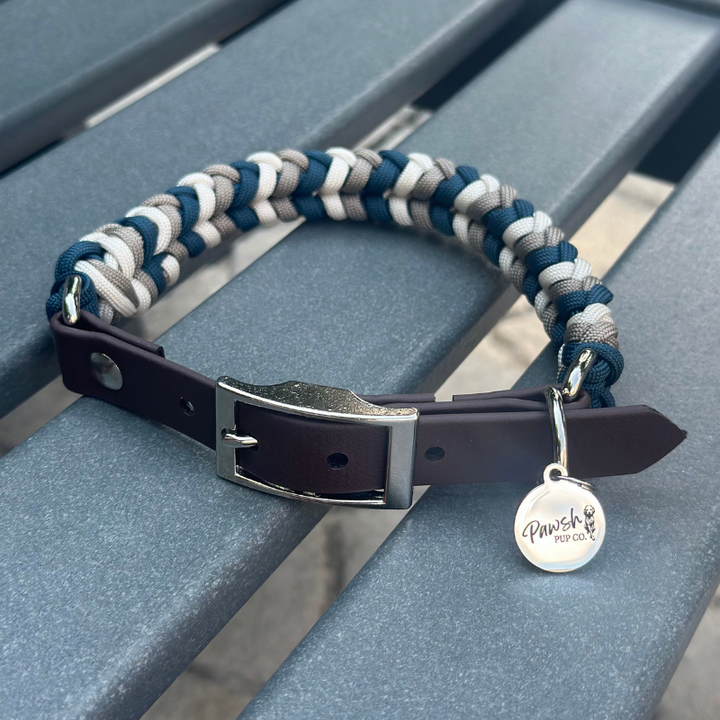 Coiled Charm Hand Braided Dog Collar in Navy, Tan, & Cream