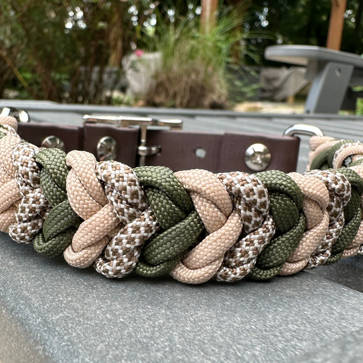 Coiled Charm Hand Braided Dog Collar in Olive, Light Tan, & Coyote Brown Diamonds