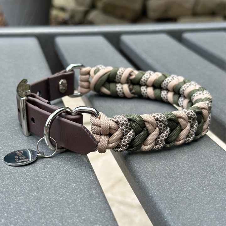 Coiled Charm Hand Braided Dog Collar in Olive, Light Tan, & Coyote Brown Diamonds