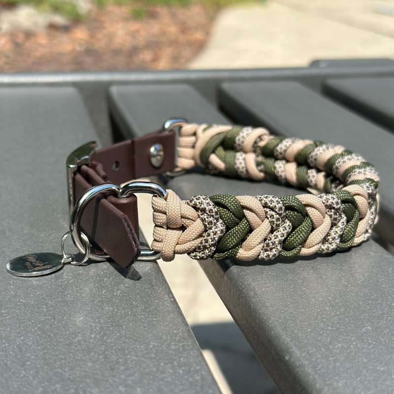 Coiled Charm Hand Braided Dog Collar in Olive, Light Tan, & Coyote Brown Diamonds