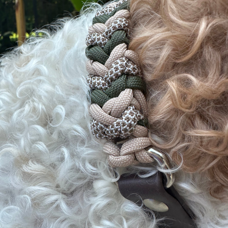 Coiled Charm Hand Braided Dog Collar in Olive, Light Tan, & Coyote Brown Diamonds
