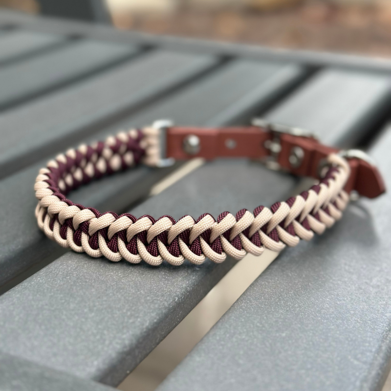 Fishtail Hand Braided Dog Collar in Burgundy & Cream