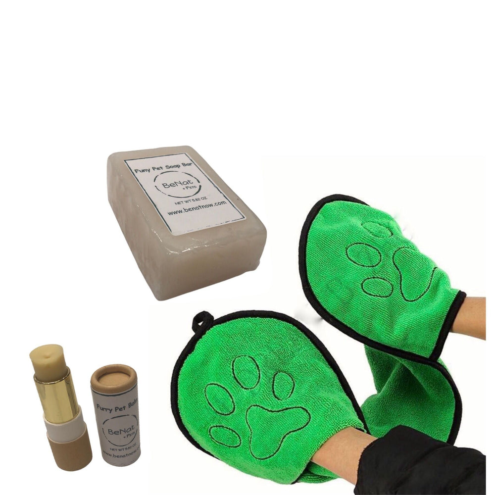 BeNat 3-Piece Natural Pet Grooming Set - Shampoo Bar, Balm, Towel